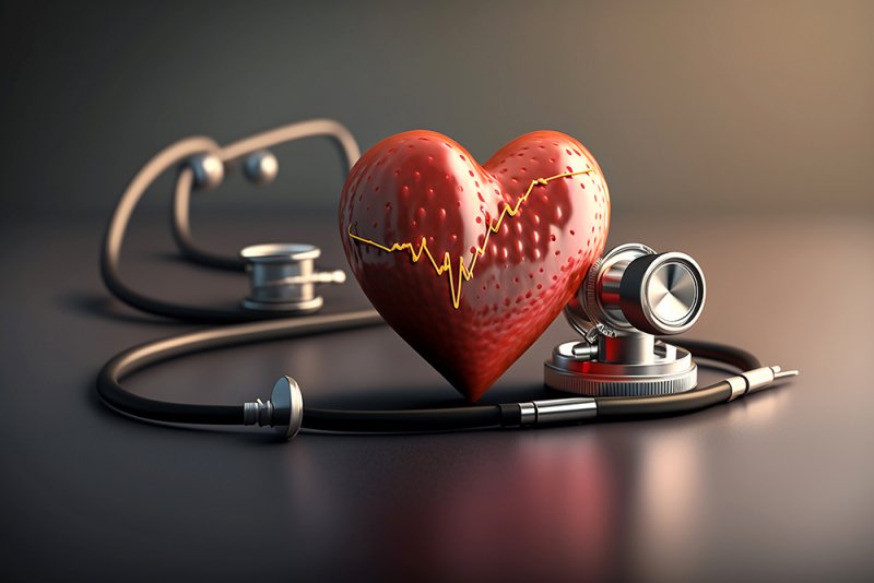 A heart next to a stethoscope on a white table, world health day. Ai generated art